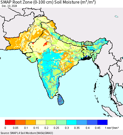 Southern Asia SMAP Root Zone (0-100 cm) Soil Moisture (m³/m³) Thematic Map For 12/6/2024 - 12/10/2024