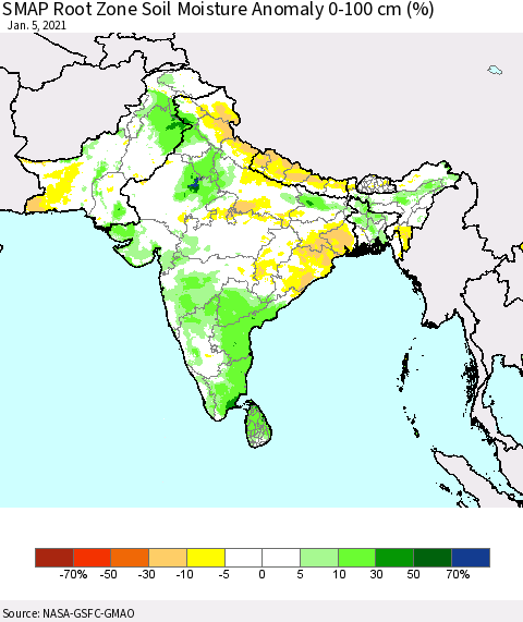 Southern Asia SMAP Root Zone (0-100 cm) Soil Moisture Anomaly (%) Thematic Map For 1/1/2021 - 1/5/2021