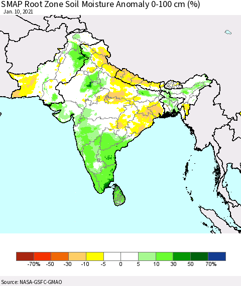 Southern Asia SMAP Root Zone (0-100 cm) Soil Moisture Anomaly (%) Thematic Map For 1/6/2021 - 1/10/2021