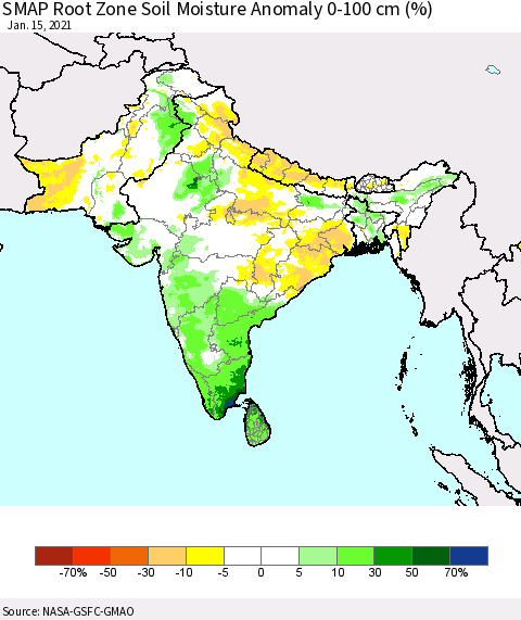 Southern Asia SMAP Root Zone (0-100 cm) Soil Moisture Anomaly (%) Thematic Map For 1/11/2021 - 1/15/2021