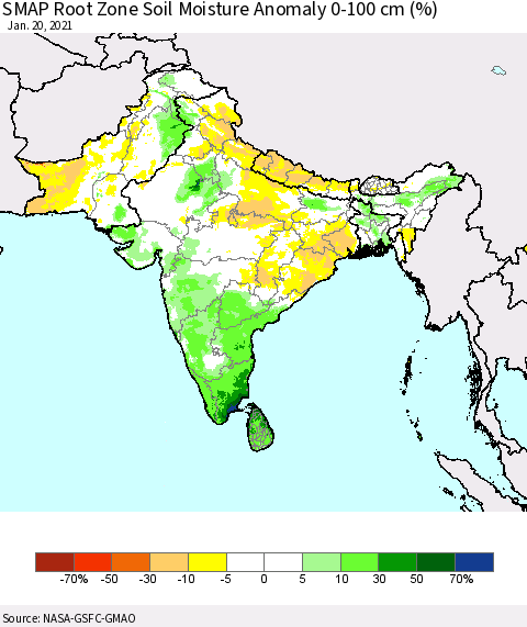 Southern Asia SMAP Root Zone (0-100 cm) Soil Moisture Anomaly (%) Thematic Map For 1/16/2021 - 1/20/2021
