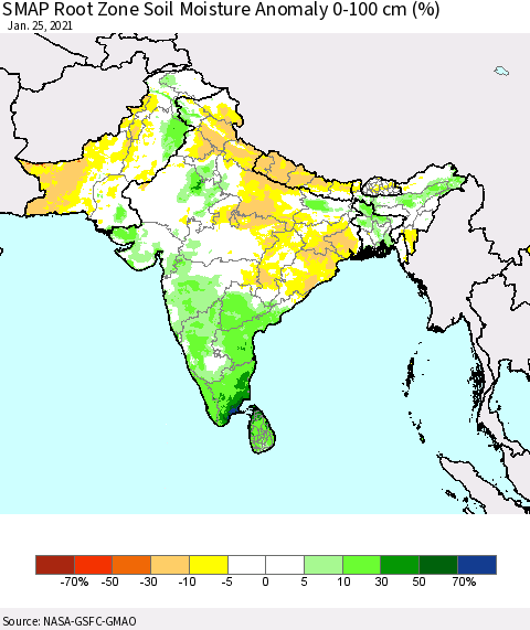 Southern Asia SMAP Root Zone (0-100 cm) Soil Moisture Anomaly (%) Thematic Map For 1/21/2021 - 1/25/2021