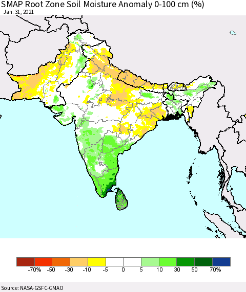 Southern Asia SMAP Root Zone (0-100 cm) Soil Moisture Anomaly (%) Thematic Map For 1/26/2021 - 1/31/2021