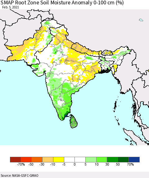 Southern Asia SMAP Root Zone (0-100 cm) Soil Moisture Anomaly (%) Thematic Map For 2/1/2021 - 2/5/2021