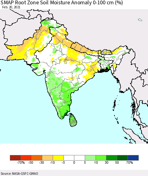 Southern Asia SMAP Root Zone (0-100 cm) Soil Moisture Anomaly (%) Thematic Map For 2/16/2021 - 2/20/2021