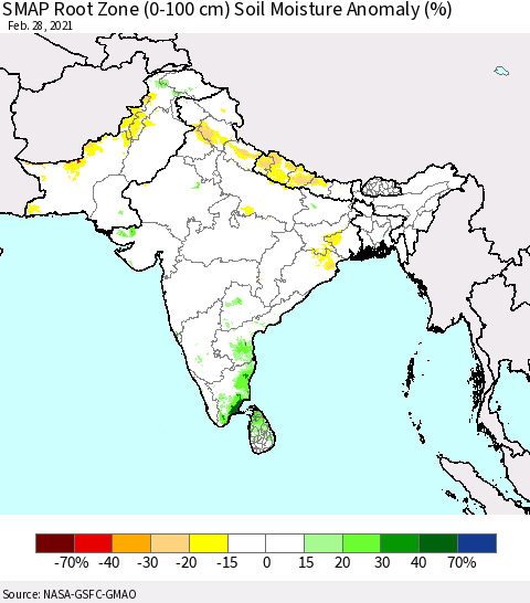 Southern Asia SMAP Root Zone (0-100 cm) Soil Moisture Anomaly (%) Thematic Map For 2/26/2021 - 2/28/2021