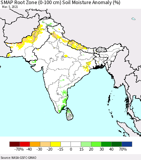 Southern Asia SMAP Root Zone (0-100 cm) Soil Moisture Anomaly (%) Thematic Map For 3/1/2021 - 3/5/2021