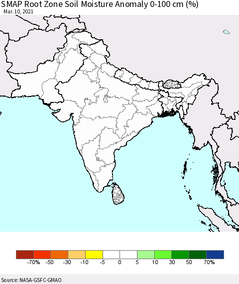 Southern Asia SMAP Root Zone (0-100 cm) Soil Moisture Anomaly (%) Thematic Map For 3/6/2021 - 3/10/2021