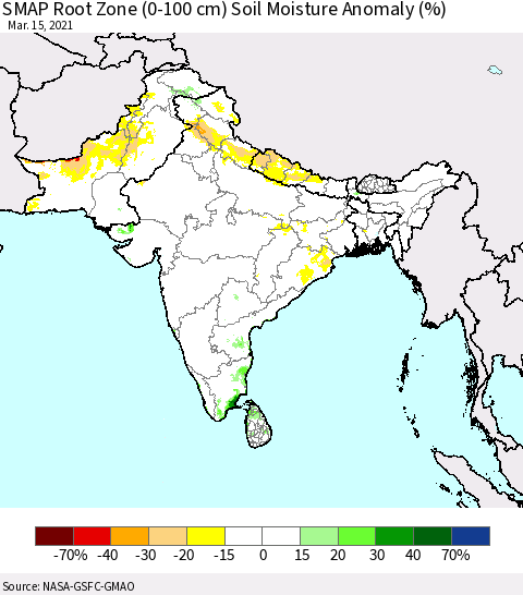 Southern Asia SMAP Root Zone (0-100 cm) Soil Moisture Anomaly (%) Thematic Map For 3/11/2021 - 3/15/2021