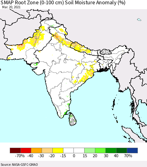 Southern Asia SMAP Root Zone (0-100 cm) Soil Moisture Anomaly (%) Thematic Map For 3/16/2021 - 3/20/2021