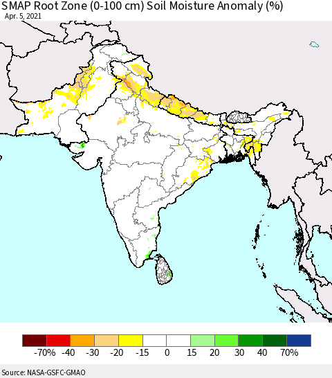 Southern Asia SMAP Root Zone (0-100 cm) Soil Moisture Anomaly (%) Thematic Map For 4/1/2021 - 4/5/2021