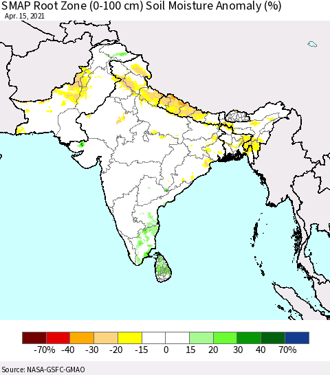 Southern Asia SMAP Root Zone (0-100 cm) Soil Moisture Anomaly (%) Thematic Map For 4/11/2021 - 4/15/2021