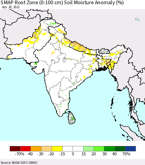 Southern Asia SMAP Root Zone (0-100 cm) Soil Moisture Anomaly (%) Thematic Map For 4/16/2021 - 4/20/2021