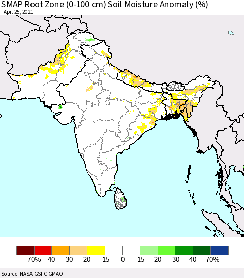 Southern Asia SMAP Root Zone (0-100 cm) Soil Moisture Anomaly (%) Thematic Map For 4/21/2021 - 4/25/2021
