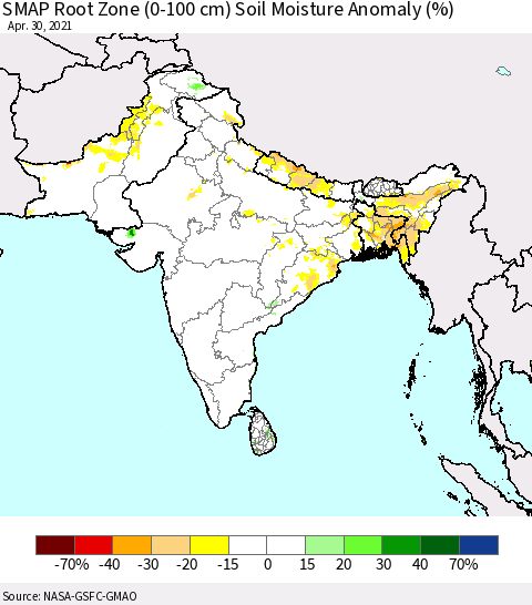 Southern Asia SMAP Root Zone (0-100 cm) Soil Moisture Anomaly (%) Thematic Map For 4/26/2021 - 4/30/2021