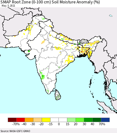 Southern Asia SMAP Root Zone (0-100 cm) Soil Moisture Anomaly (%) Thematic Map For 5/1/2021 - 5/5/2021