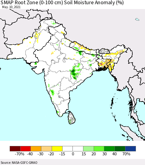 Southern Asia SMAP Root Zone (0-100 cm) Soil Moisture Anomaly (%) Thematic Map For 5/6/2021 - 5/10/2021