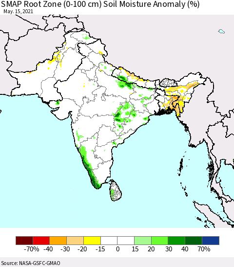 Southern Asia SMAP Root Zone (0-100 cm) Soil Moisture Anomaly (%) Thematic Map For 5/11/2021 - 5/15/2021
