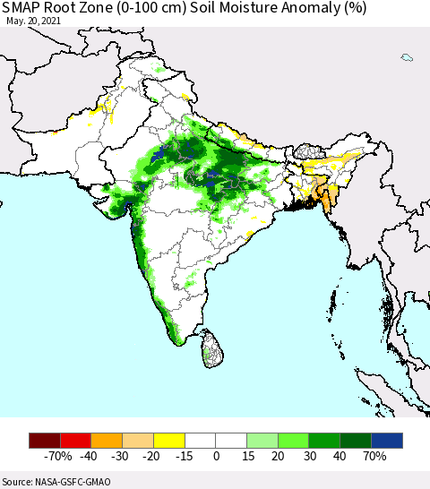 Southern Asia SMAP Root Zone (0-100 cm) Soil Moisture Anomaly (%) Thematic Map For 5/16/2021 - 5/20/2021