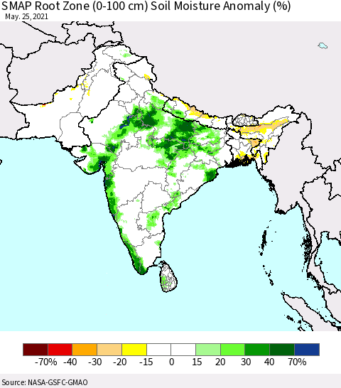 Southern Asia SMAP Root Zone (0-100 cm) Soil Moisture Anomaly (%) Thematic Map For 5/21/2021 - 5/25/2021