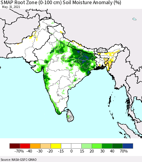 Southern Asia SMAP Root Zone (0-100 cm) Soil Moisture Anomaly (%) Thematic Map For 5/26/2021 - 5/31/2021