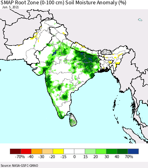 Southern Asia SMAP Root Zone (0-100 cm) Soil Moisture Anomaly (%) Thematic Map For 6/1/2021 - 6/5/2021
