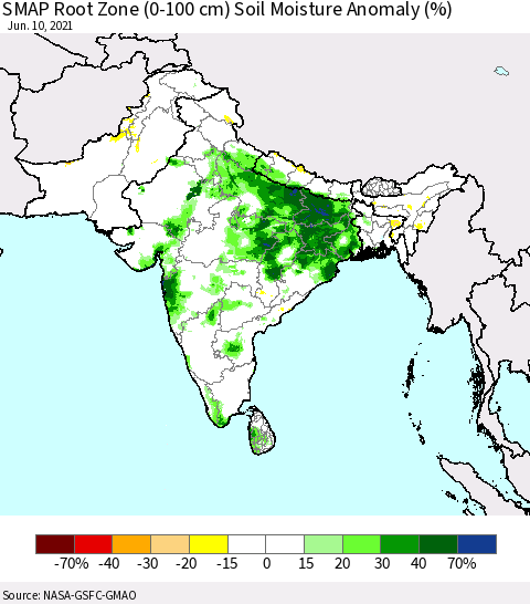 Southern Asia SMAP Root Zone (0-100 cm) Soil Moisture Anomaly (%) Thematic Map For 6/6/2021 - 6/10/2021
