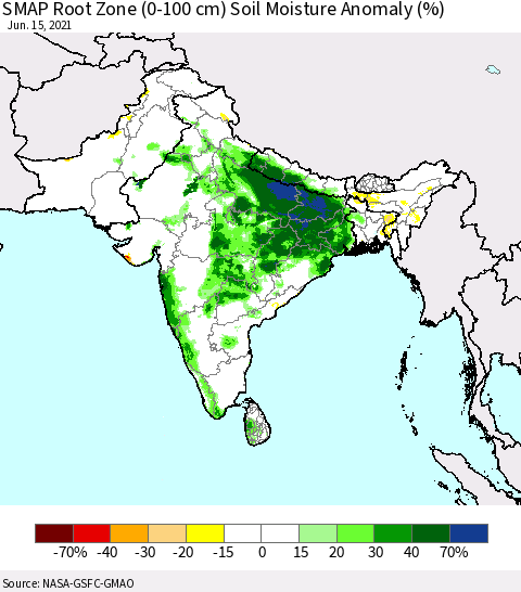 Southern Asia SMAP Root Zone (0-100 cm) Soil Moisture Anomaly (%) Thematic Map For 6/11/2021 - 6/15/2021