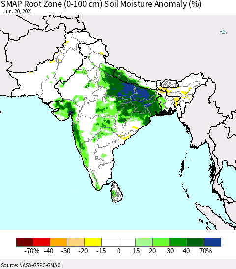 Southern Asia SMAP Root Zone (0-100 cm) Soil Moisture Anomaly (%) Thematic Map For 6/16/2021 - 6/20/2021
