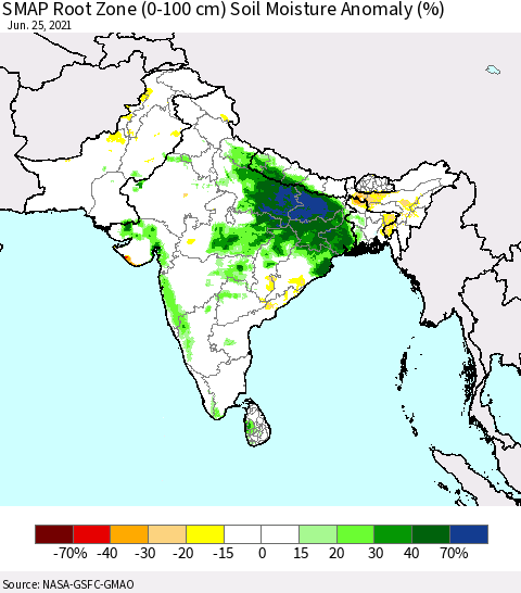 Southern Asia SMAP Root Zone (0-100 cm) Soil Moisture Anomaly (%) Thematic Map For 6/21/2021 - 6/25/2021