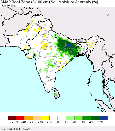 Southern Asia SMAP Root Zone (0-100 cm) Soil Moisture Anomaly (%) Thematic Map For 6/26/2021 - 6/30/2021