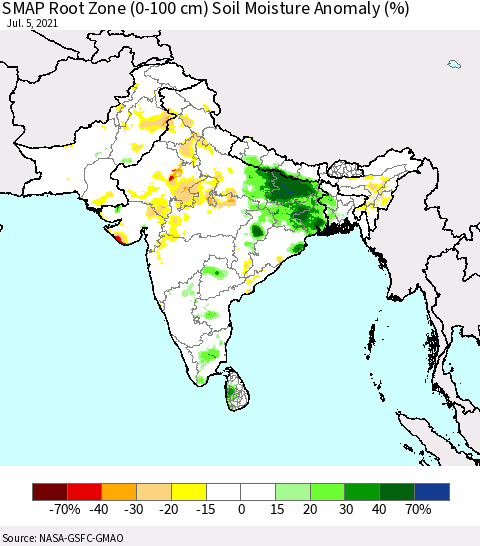 Southern Asia SMAP Root Zone (0-100 cm) Soil Moisture Anomaly (%) Thematic Map For 7/1/2021 - 7/5/2021