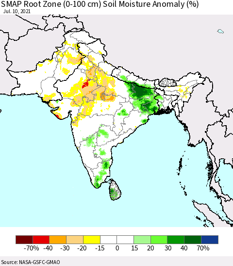 Southern Asia SMAP Root Zone (0-100 cm) Soil Moisture Anomaly (%) Thematic Map For 7/6/2021 - 7/10/2021