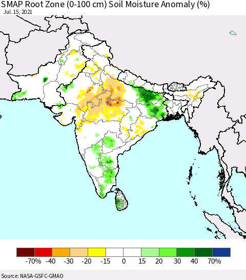 Southern Asia SMAP Root Zone (0-100 cm) Soil Moisture Anomaly (%) Thematic Map For 7/11/2021 - 7/15/2021