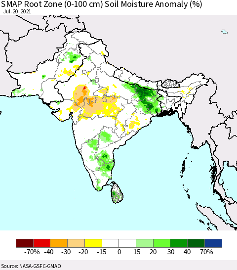 Southern Asia SMAP Root Zone (0-100 cm) Soil Moisture Anomaly (%) Thematic Map For 7/16/2021 - 7/20/2021