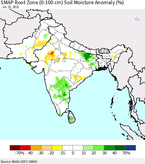Southern Asia SMAP Root Zone (0-100 cm) Soil Moisture Anomaly (%) Thematic Map For 7/21/2021 - 7/25/2021