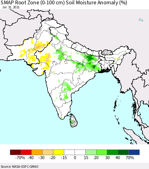 Southern Asia SMAP Root Zone (0-100 cm) Soil Moisture Anomaly (%) Thematic Map For 7/26/2021 - 7/31/2021