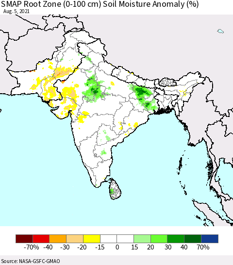 Southern Asia SMAP Root Zone (0-100 cm) Soil Moisture Anomaly (%) Thematic Map For 8/1/2021 - 8/5/2021