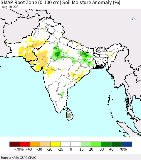 Southern Asia SMAP Root Zone (0-100 cm) Soil Moisture Anomaly (%) Thematic Map For 8/6/2021 - 8/10/2021