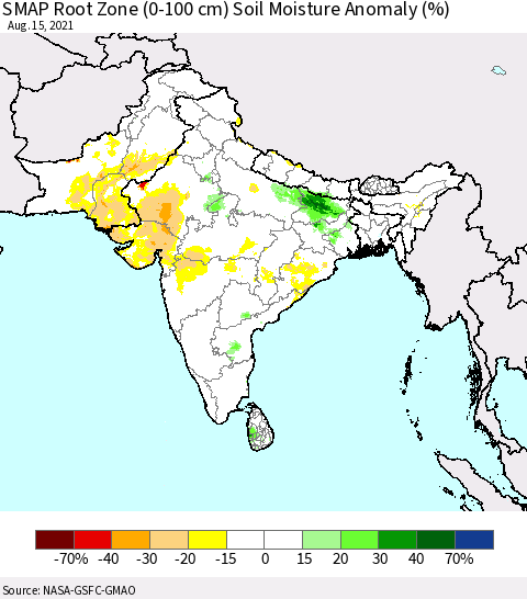 Southern Asia SMAP Root Zone (0-100 cm) Soil Moisture Anomaly (%) Thematic Map For 8/11/2021 - 8/15/2021