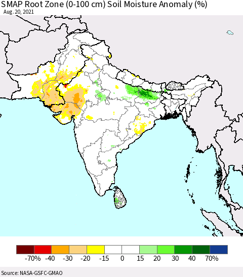Southern Asia SMAP Root Zone (0-100 cm) Soil Moisture Anomaly (%) Thematic Map For 8/16/2021 - 8/20/2021