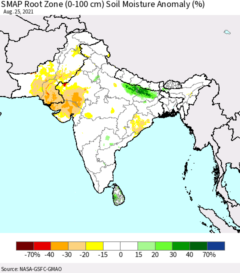 Southern Asia SMAP Root Zone (0-100 cm) Soil Moisture Anomaly (%) Thematic Map For 8/21/2021 - 8/25/2021