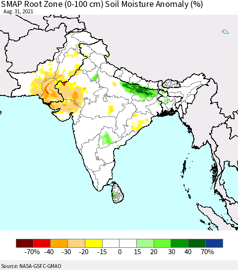 Southern Asia SMAP Root Zone (0-100 cm) Soil Moisture Anomaly (%) Thematic Map For 8/26/2021 - 8/31/2021