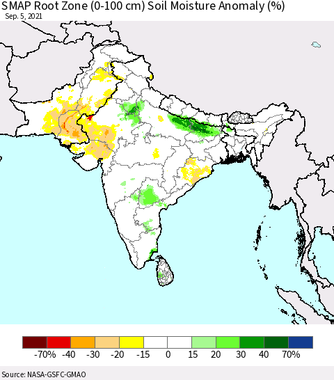 Southern Asia SMAP Root Zone (0-100 cm) Soil Moisture Anomaly (%) Thematic Map For 9/1/2021 - 9/5/2021