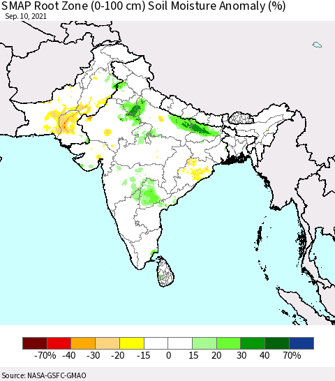 Southern Asia SMAP Root Zone (0-100 cm) Soil Moisture Anomaly (%) Thematic Map For 9/6/2021 - 9/10/2021