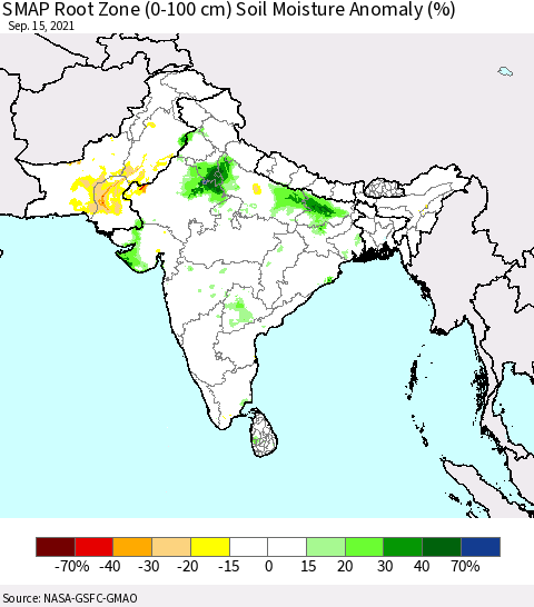 Southern Asia SMAP Root Zone (0-100 cm) Soil Moisture Anomaly (%) Thematic Map For 9/11/2021 - 9/15/2021