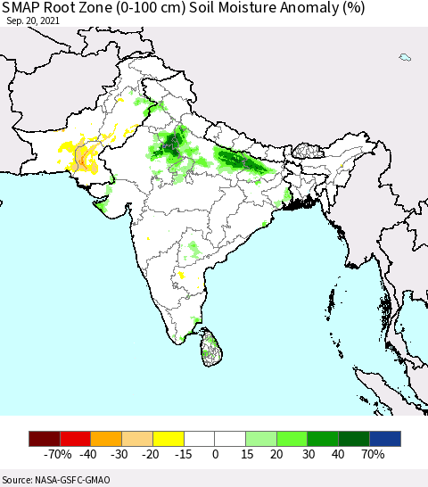 Southern Asia SMAP Root Zone (0-100 cm) Soil Moisture Anomaly (%) Thematic Map For 9/16/2021 - 9/20/2021