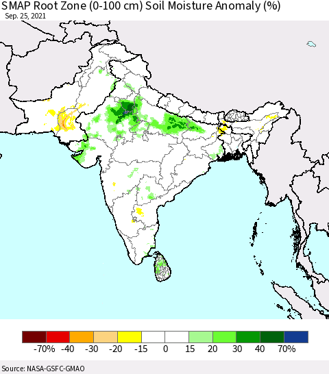 Southern Asia SMAP Root Zone (0-100 cm) Soil Moisture Anomaly (%) Thematic Map For 9/21/2021 - 9/25/2021