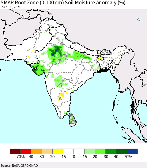 Southern Asia SMAP Root Zone (0-100 cm) Soil Moisture Anomaly (%) Thematic Map For 9/26/2021 - 9/30/2021