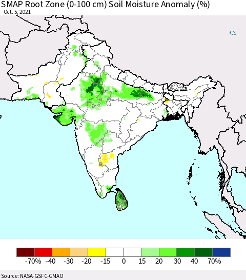 Southern Asia SMAP Root Zone (0-100 cm) Soil Moisture Anomaly (%) Thematic Map For 10/1/2021 - 10/5/2021